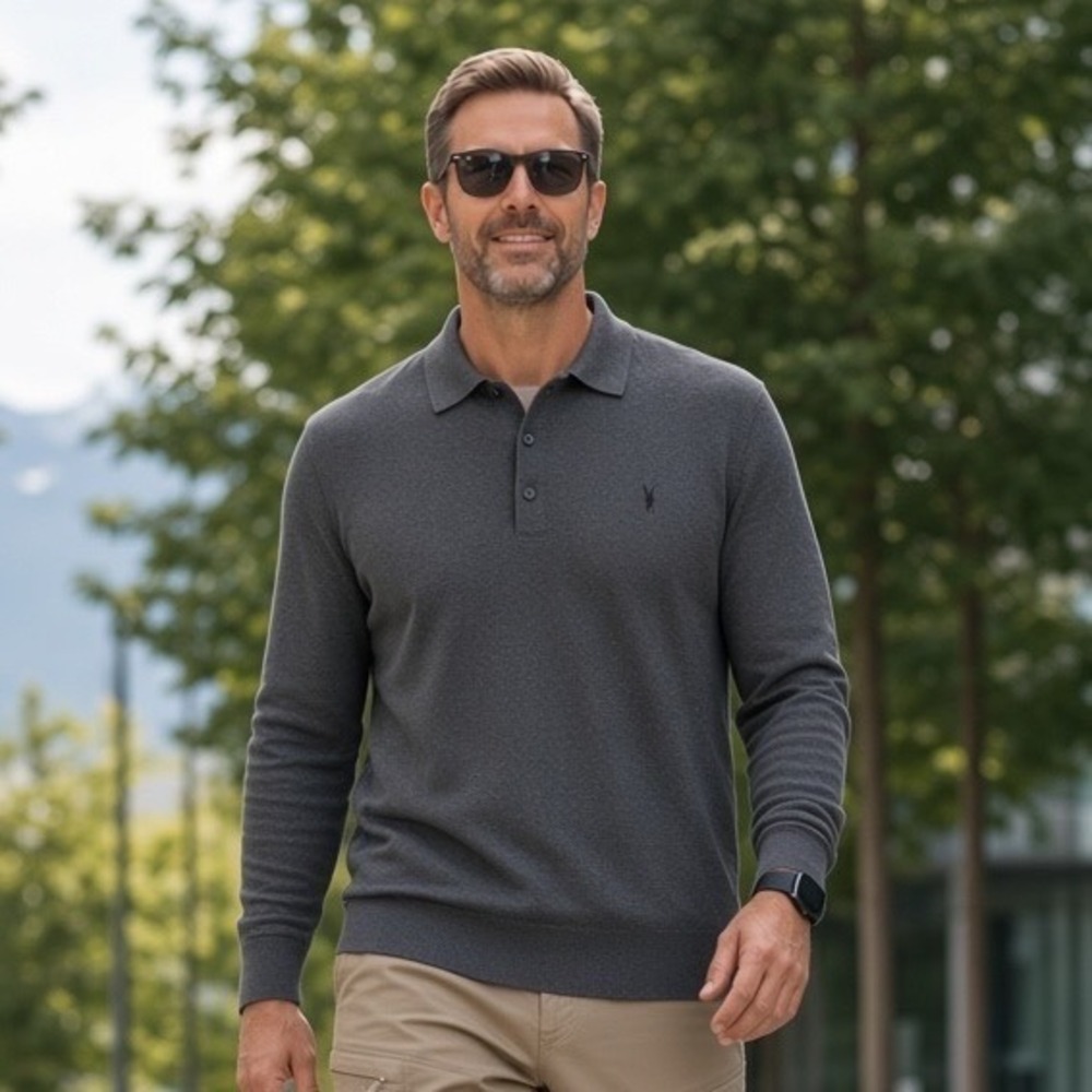 AllSaints Kilburn LS Polo Charcoal Grey RWS Wool Sweater XXL M091KB